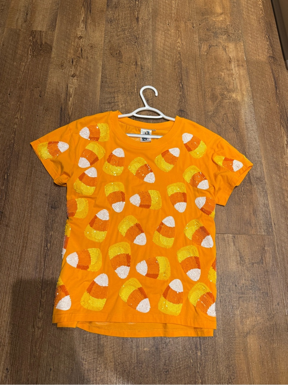 QUEEN OF SPARKLES Orange Candy Corn Sequin Short Sleeve Tee